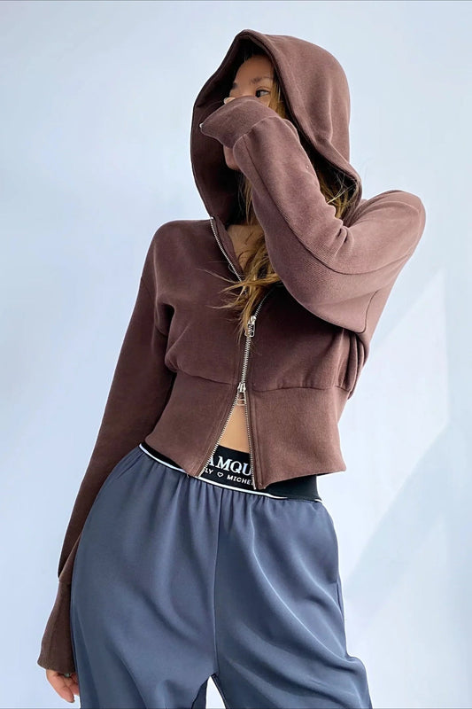 Solid Dual Zipper Slim Cropped Hoodie