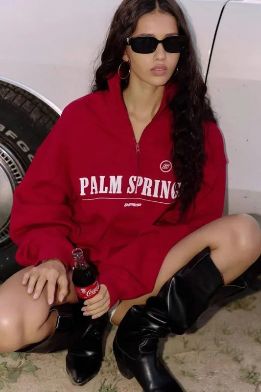 Letter Print Half Zip Hoodie