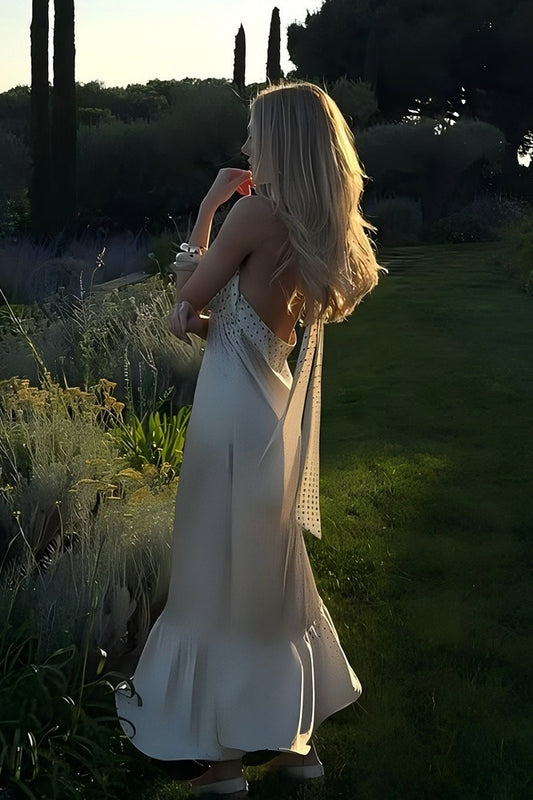 Polka Dot Backless Satin Maxi Dress