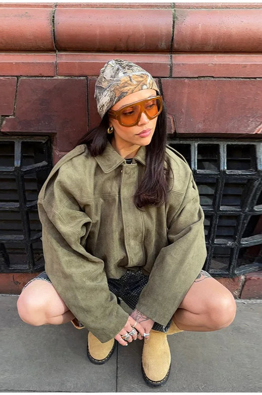 Suede Cropped Zip-Up Jacket