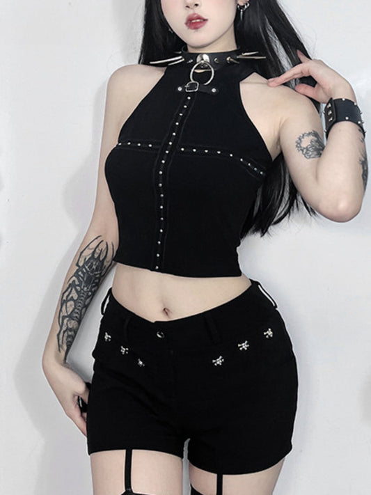 Streetwear Gothic Black Dark Cyber Punk Patchwork Cross Alt Grunge Crop Top