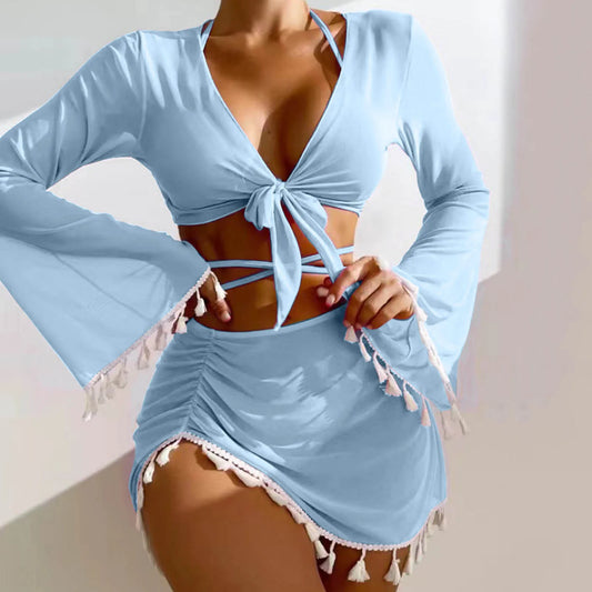 FashionSierra - Lace Up Halter Triangle Cover Up Long Sleeve Strappy Front Bikini Sets