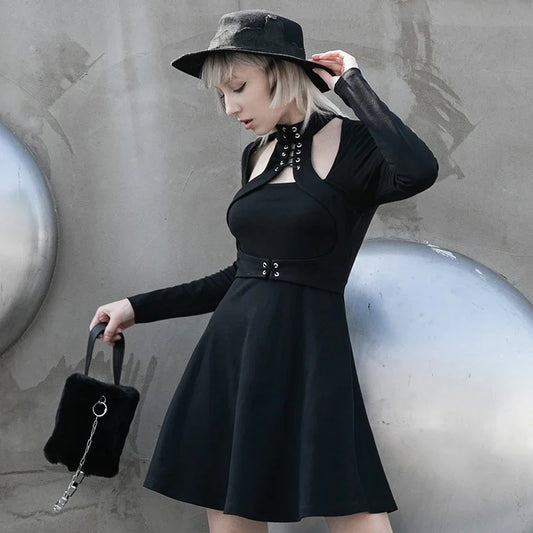 Punk Drawstring Waist Front Chest Opening Dress