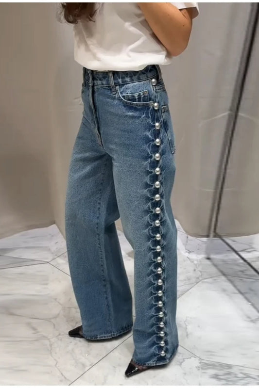 Beaded High Waist Straight Leg Jeans