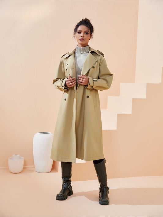 Khaki 3/4 Length Turn Down Full Sleeve Casual Women Trench Coats