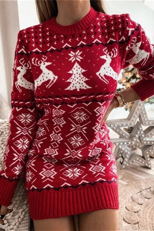 Knit Christmas Reindeer Color Block Sexy Fitted Mini Dress