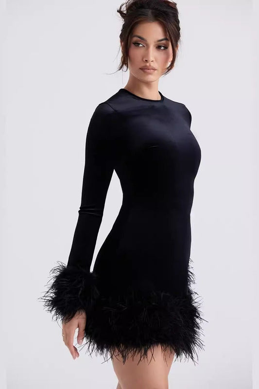 Knitted Fleece Cuff Hem Waist Cinching Slim Velvet Dress