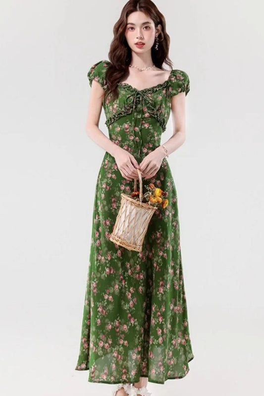 Retro Slim Green V-Neck Floral Dress