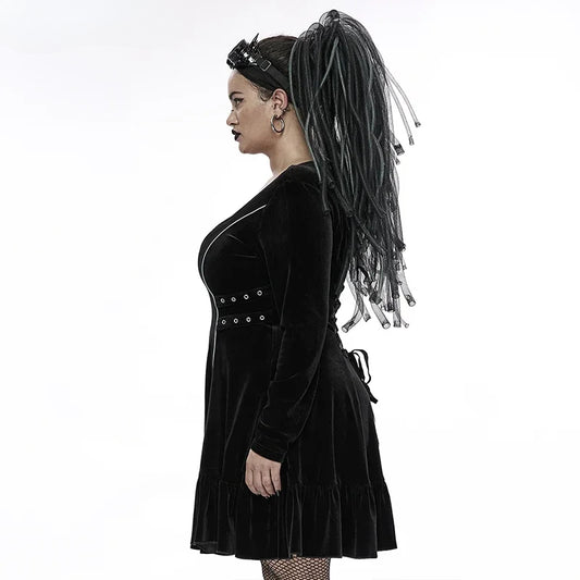 Gothic 3D Chains  Long Sleeve Velvet Drawstring Dress