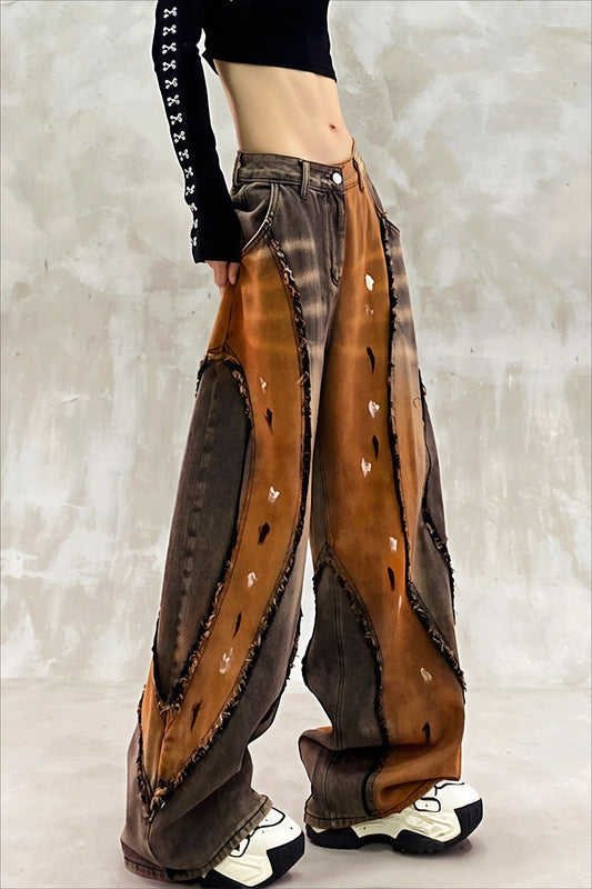 Heavy Distressed Frayed Wide Leg Jeans