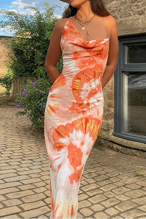 Printed Strap Backless Slim Maxi Floral Dress
