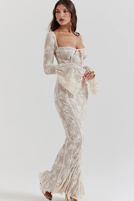 Bodycon Lace Flare Sleeve Maxi Dress