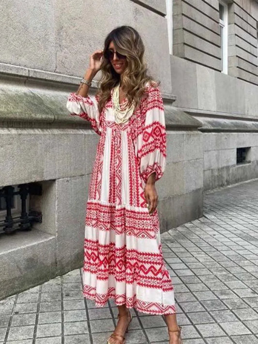 FashionSierra - 2024 Half Bubble Sleeves V-Neck Fashion Print Boho Dress