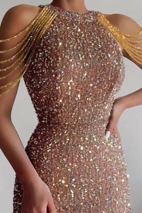 Chic Halter Crystal Chain Bodycon Mid Waist Sequin Dress