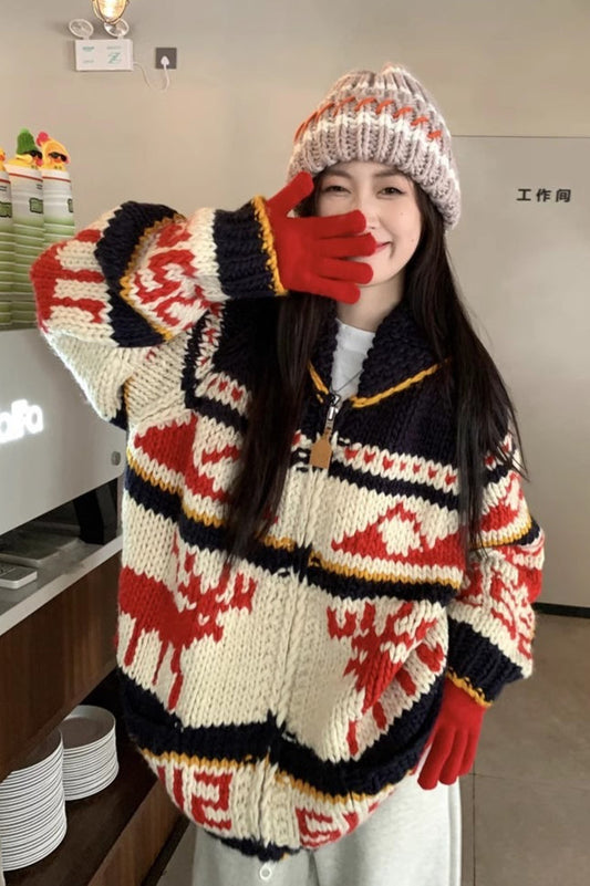 Knitted Relaxed Christmas Deer Striped Sweater