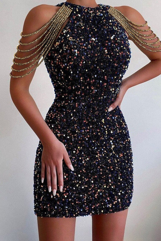 Chic Halter Crystal Chain Bodycon Mid Waist Sequin Dress