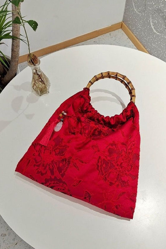 Red Bamboo Handle Handmade Butterfly Retro Top Handle Bag