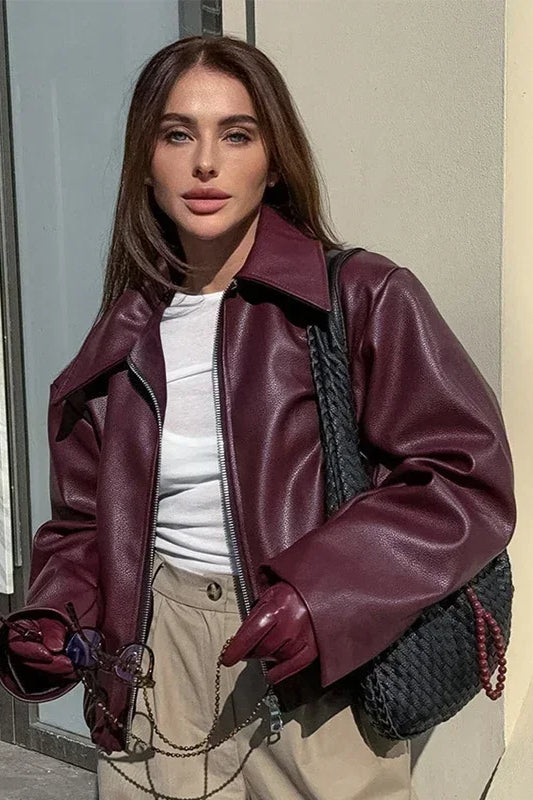 Burgundy Lapel Zip Leather Jacket