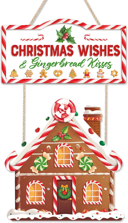 Christmas Wreath Candy Cane Wall Decor Gingerbread Bakery House Wood Signs Set - 12”X17” - Red Hang Decorations