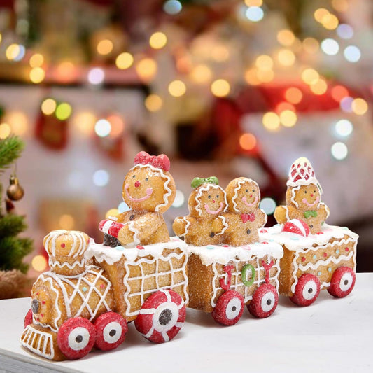 Gingerbread Man Train Figurines - Festive Indoor Decor for Table Centerpiece and Fireplace