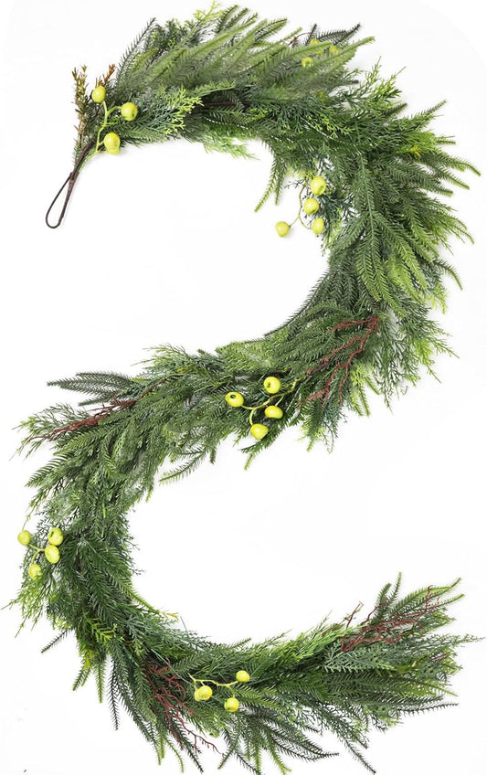 6ft Artificial Norfolk Pine Christmas Garland with Green Berries - Winter Greenery Decor for Home, Fireplace, Wall, Porch, Table, Mantle - Indoor/Outdoor Decoration