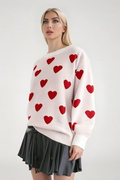 Round Neck Heart Knit Sweater