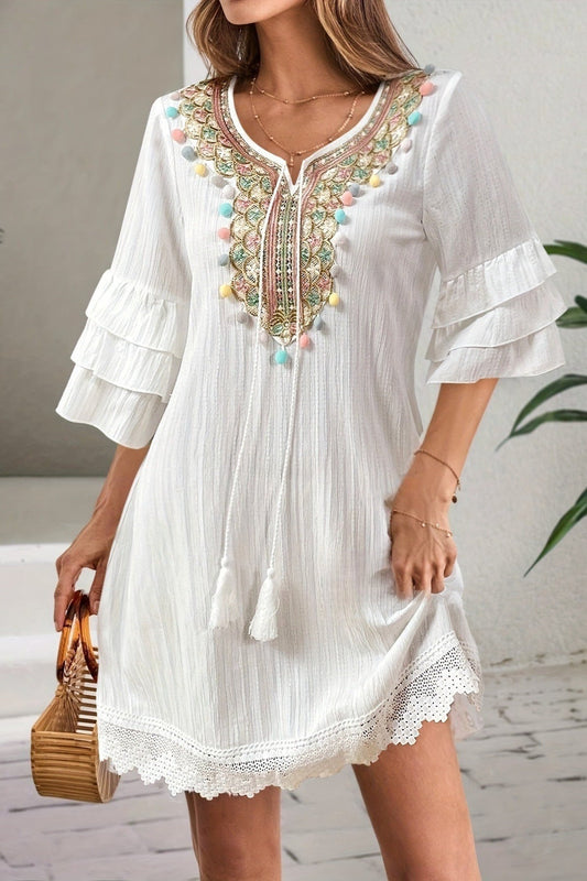 Tassel Pom Pom Ruffle Sleeve Lace Detail Boho Dress