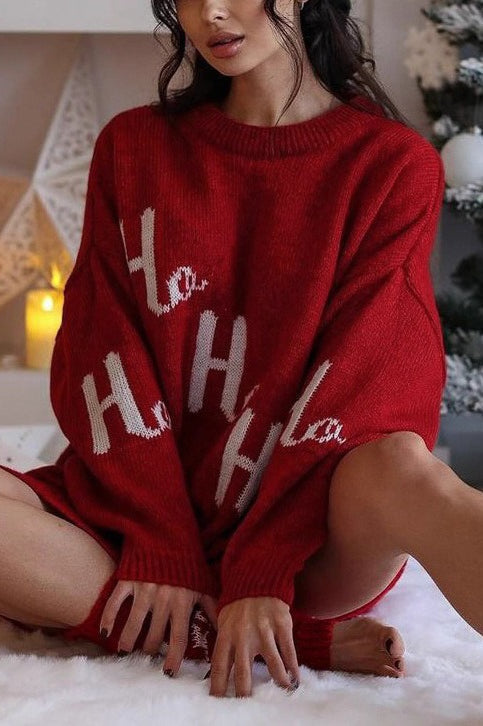 Elegant Christmas Jacquard Crew Neck Pullover Sweater Dress