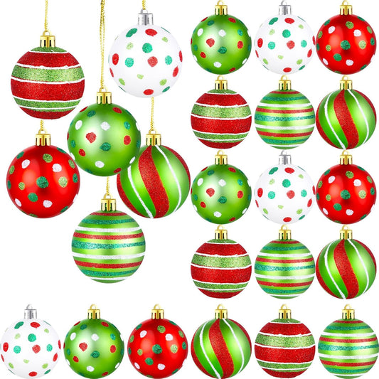 Glittering Plastic Christmas Tree Ball Ornaments - Shatterproof Swirl Candy Cane Balls - Holiday Party Decorations (24 Pcs)