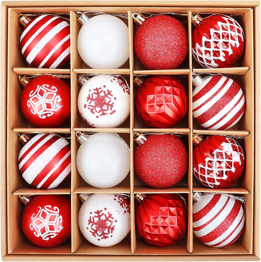 Red and White Christmas Ball Ornaments - 16 Piece Set