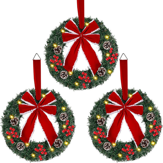 Set of 3 Lighted Artificial Christmas Wreaths with LED Lights and Red Bow Ornaments