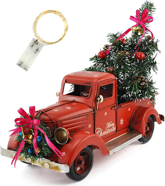 Red Metal Truck Model with Christmas Tree Ornaments, Bell, and String Light - Table Top Xmas Decor and Fireplace Collectible Vehicle