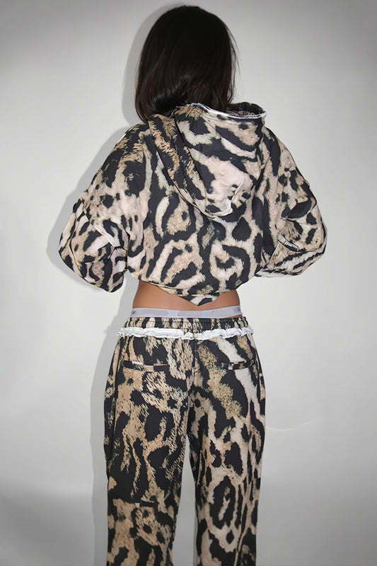 Leopard Raw Edge Loose Fit Hoodie