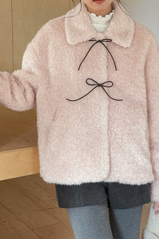 Vintage Color Block Bow Tie Fuzzy Tie-Up Christmas Outerwear