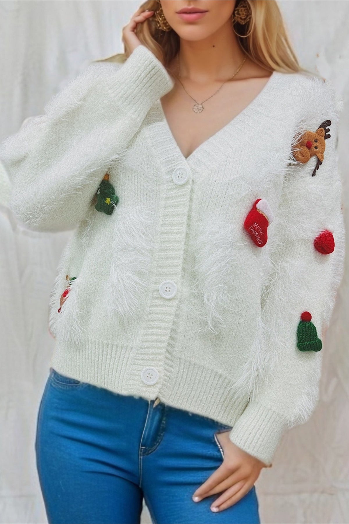Christmas Mink Fleece 3D Trim Single-Breasted Cardigan Sweater