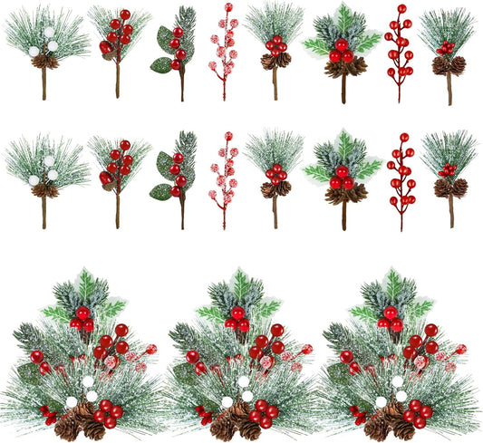 Artificial Christmas Picks Red Berry Stems Sprays Faux Cedar Holly Pine Needles Branches - Set of 40