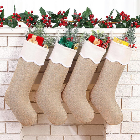 Set of 4 18 Inch Neutral Christmas Jute Burlap Stockings with Scalloped Edge