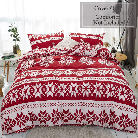 Christmas Queen Size Snowflake Duvet Cover Set - Red Bedding with Luxury Holiday Decoration (1 Duvet Cover + 2 Pillowcases)