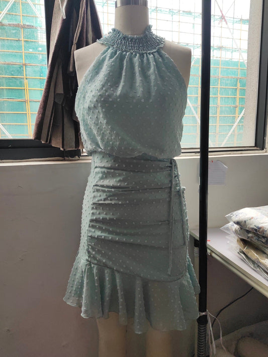 Fresh Sweet Drawstring Halter Chiffon Dress