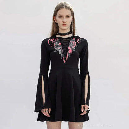 Gothic V-collor Print Mesh Stitching Long Sleeve Dress