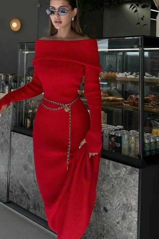 Long Sleeve Cotton Knit Bardot Collared Off Shoulder Sweater Dress