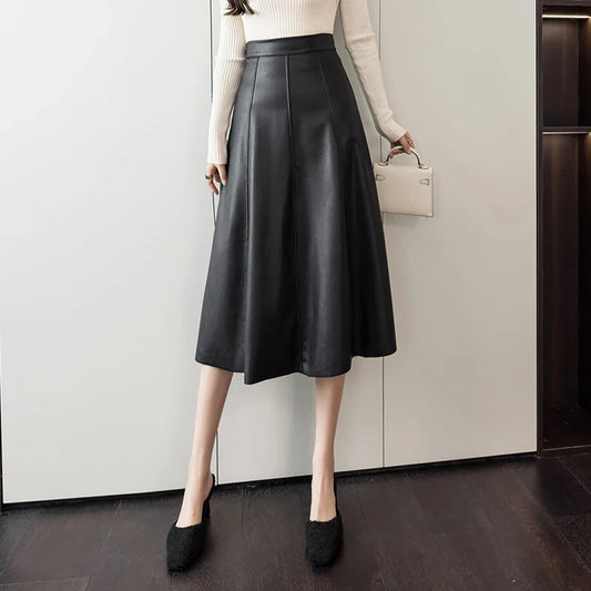 FashionSierra - A-line Leather Splicing High Waist For Women Office Mid-length Female Autumn Winter PU Umbrella Skirt