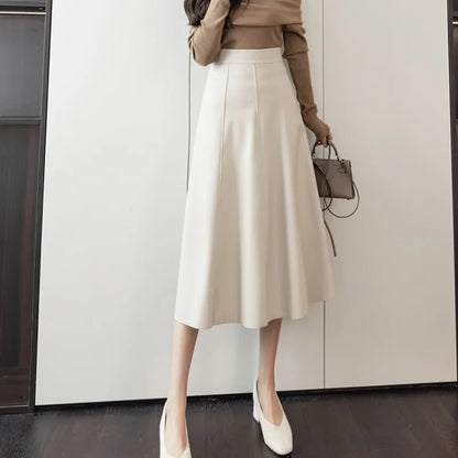 FashionSierra - A-line Leather Splicing High Waist For Women Office Mid-length Female Autumn Winter PU Umbrella Skirt