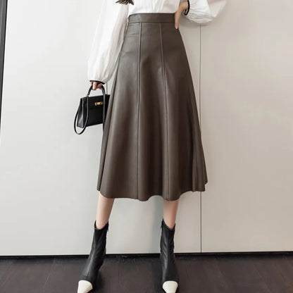 FashionSierra - A-line Leather Splicing High Waist For Women Office Mid-length Female Autumn Winter PU Umbrella Skirt