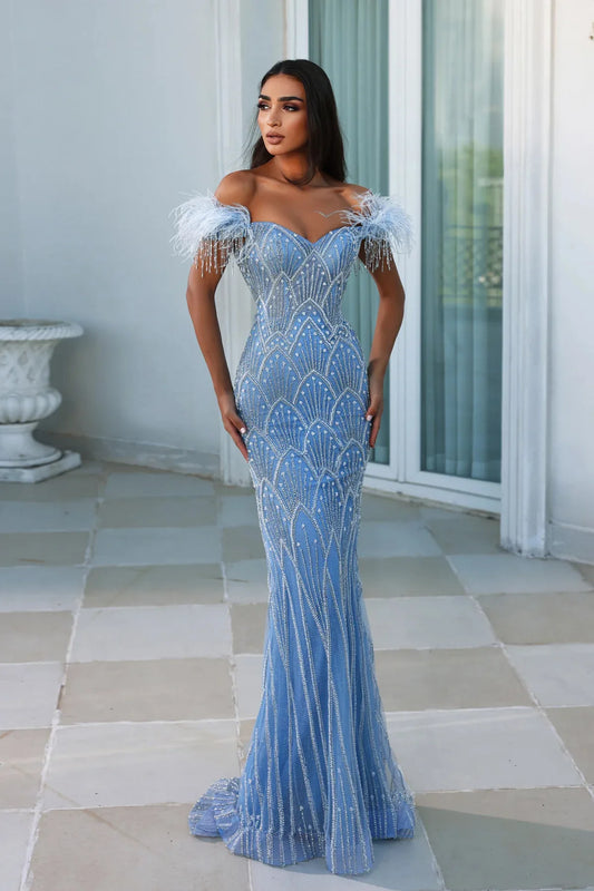 Feathers Beaded Long Prom Formal Gowns