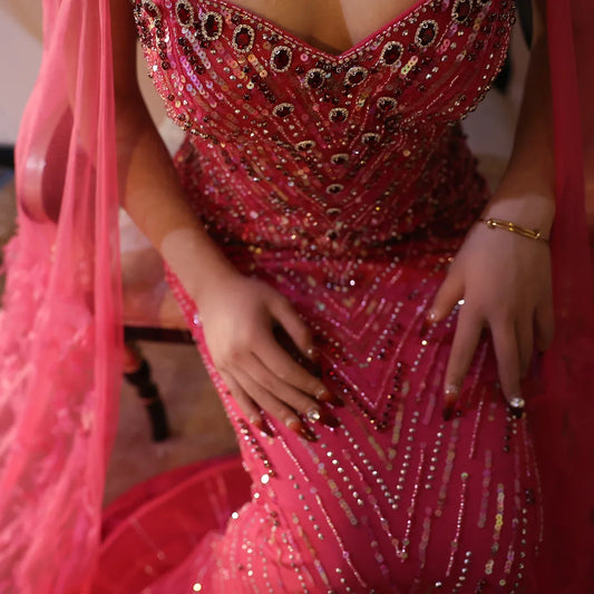 Turquoise Mermaid Evening Gown with Cape Sleeves