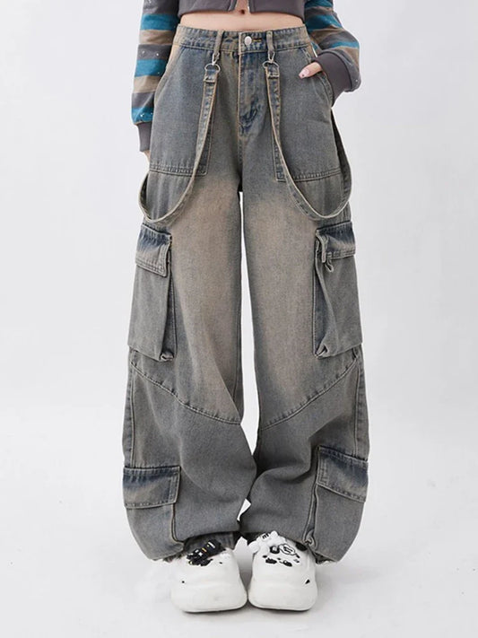 Women Y2k Vintage Waist Wide Leg Denim Trousers Streetwear Casual Pockets Pants