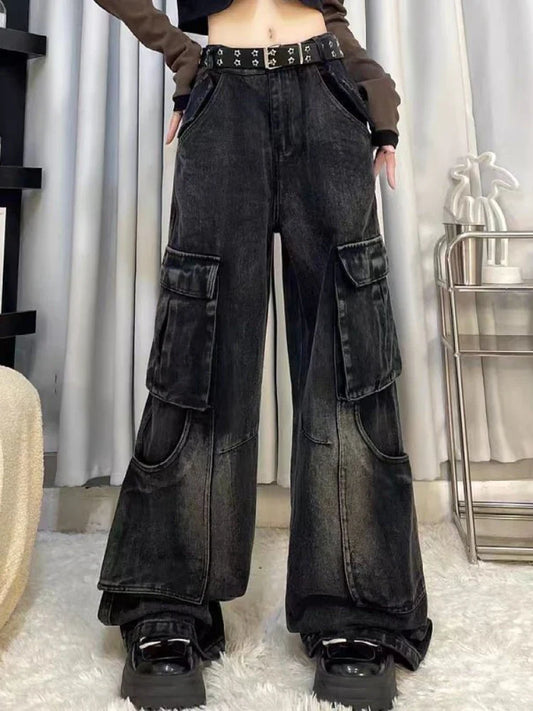 Cargo Jeans Women Vintage Baggy Pocket Slouchy Wide Leg Denim Pants