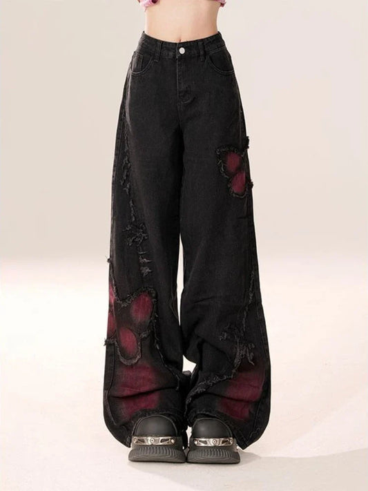 High Waist Jeans Women Y2k Baggy Butterfly Tie Dye Punk Wide Leg Denim Pants