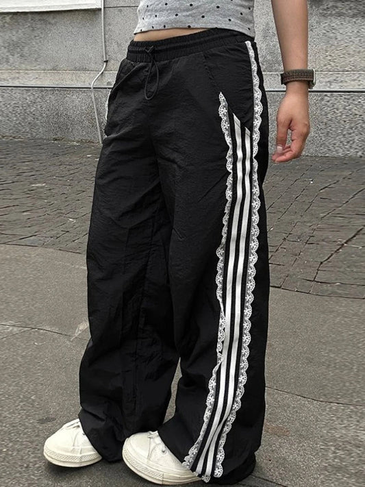 Women Y2k Baggy Lace Stripe Wide Leg Sports Jogging Hip Hop Pants